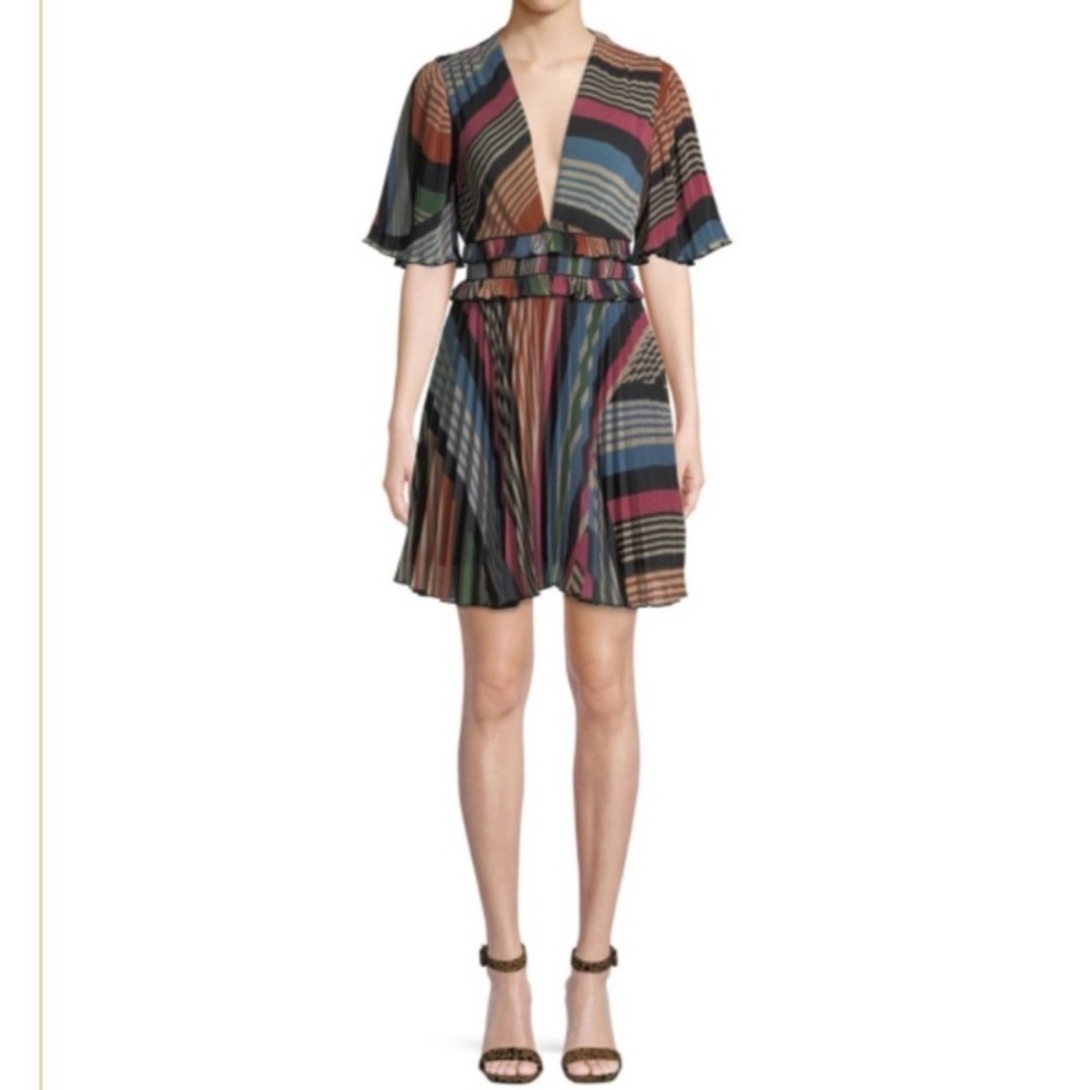 SAYLOR Mini Dress Striped‎ Pleated Ruffle Multicolor V-Neck Flared Sleeve